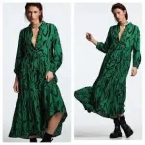 Zara Swirl Print Green Black Long Sleeve Button Up Maxi Dress Blogger's Fav M
